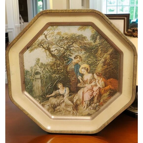 Victorian Octagonal Sunshine Biscuit Tin 2 Sided Francoise Boucher Paintings - Picture 4 of 10